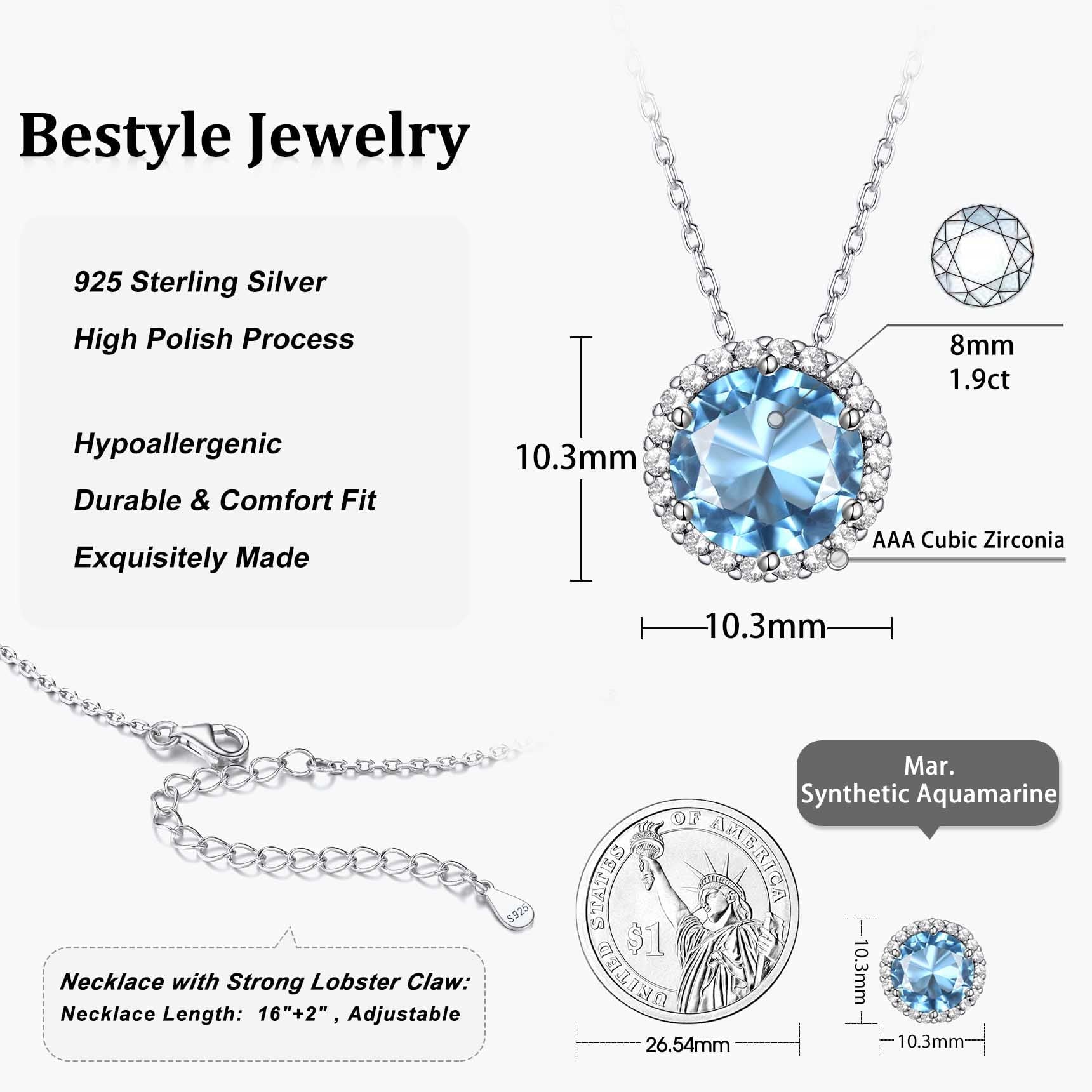 Birthstone Necklace for Women Pure 925 Sterling Silver Necklaces March round Blue Aquamarine Crystal Pendant Gifts for Everyday Wear Birthday Graduation