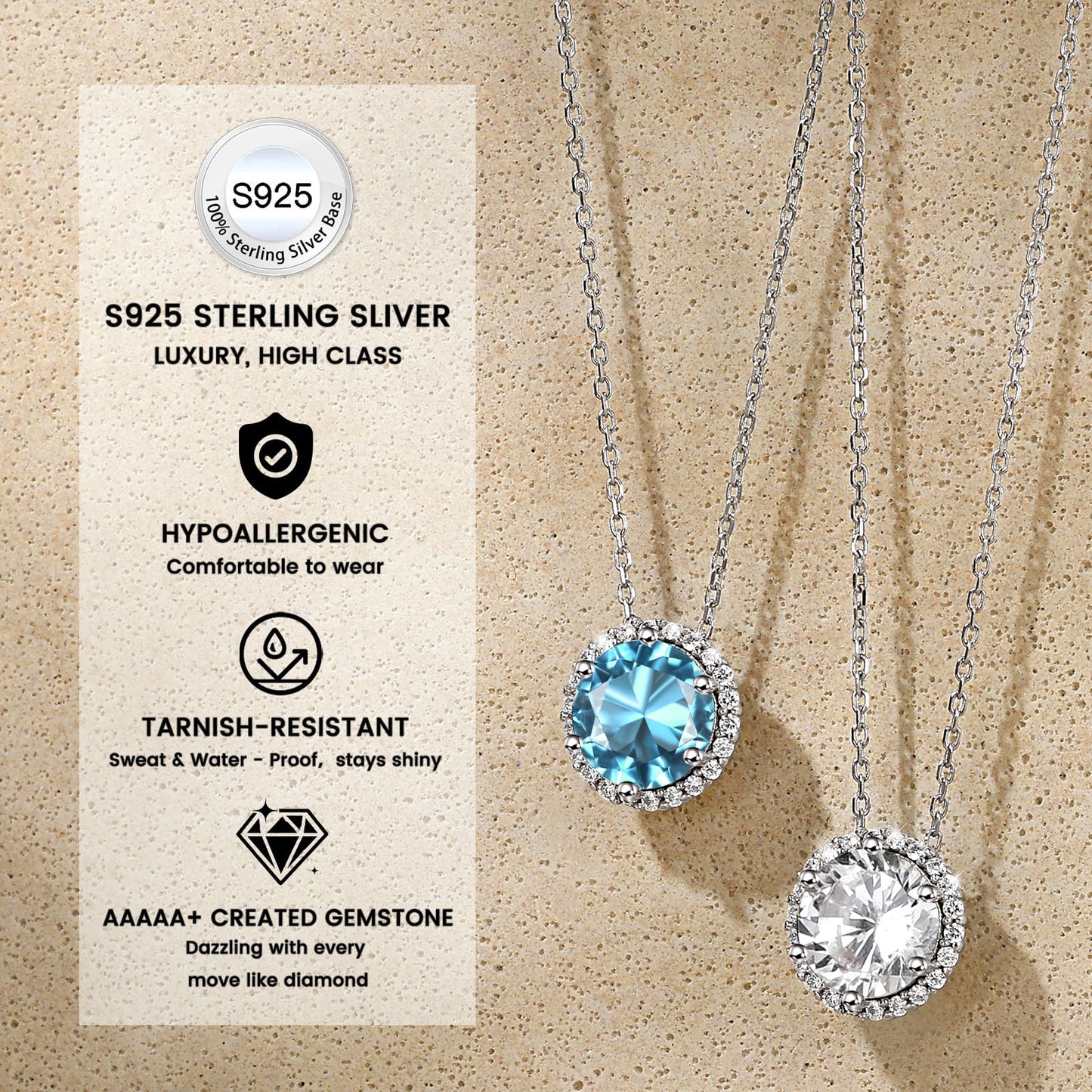 Birthstone Necklace for Women Pure 925 Sterling Silver Necklaces March round Blue Aquamarine Crystal Pendant Gifts for Everyday Wear Birthday Graduation
