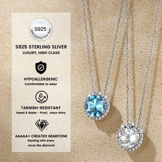 Birthstone Necklace for Women Pure 925 Sterling Silver Necklaces March round Blue Aquamarine Crystal Pendant Gifts for Everyday Wear Birthday Graduation