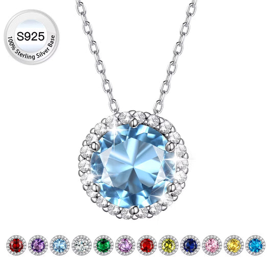 Birthstone Necklace for Women Pure 925 Sterling Silver Necklaces March round Blue Aquamarine Crystal Pendant Gifts for Everyday Wear Birthday Graduation