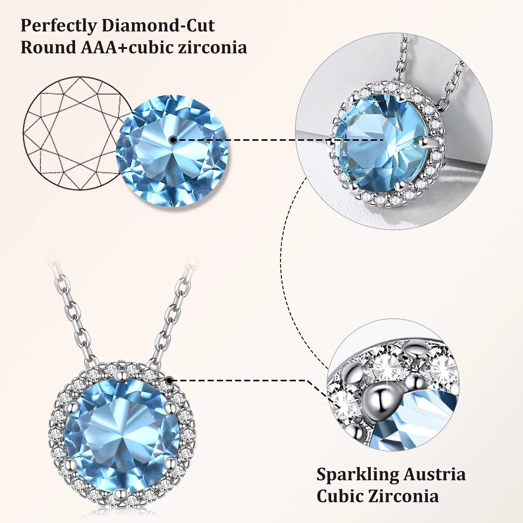 Birthstone Necklace for Women Pure 925 Sterling Silver Necklaces March round Blue Aquamarine Crystal Pendant Gifts for Everyday Wear Birthday Graduation